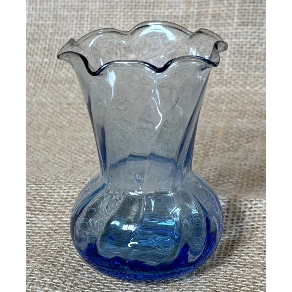 Vintage Miniature Blue Base Tint Vase Ruffle Trim Blown Glass Coastal Fairy Core